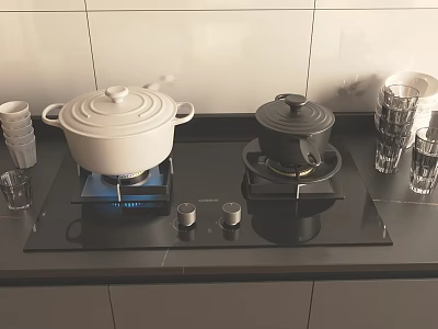 Kitchen Appliances Black Gas Stove With Two White And Black Pots Stacked Glass Cups 3d model