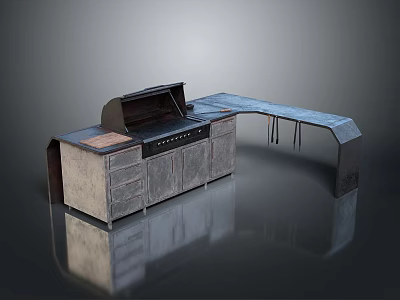 Sleek Modern Kitchen Cabinet With Grill Top Wooden Counter And Storage Drawers 3d model