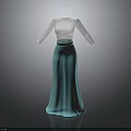 White Long Sleeve Fitted Top With Light Blue Flared Maxi Skirt Fashion Outfit