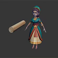 3D Female Character In Traditional Blue Orange Dress With Turban And Scroll