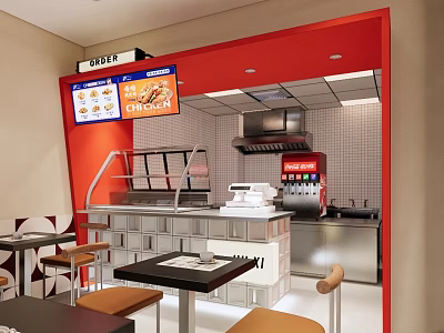 Fast Food Restaurant Interior With Red Walls Open Counter Menu Display And Tables 3d model