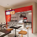 Fast Food Restaurant Interior With Red Walls Open Counter Menu Display And Tables