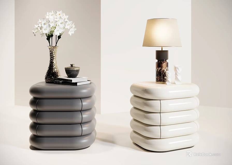 Modern Gray And White Stacked Nightstands With Table Lamp Vase Flowers Books And Small Bowl 3d model 