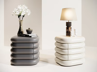 Modern Gray And White Stacked Nightstands With Table Lamp Vase Flowers Books And Small Bowl 3d model