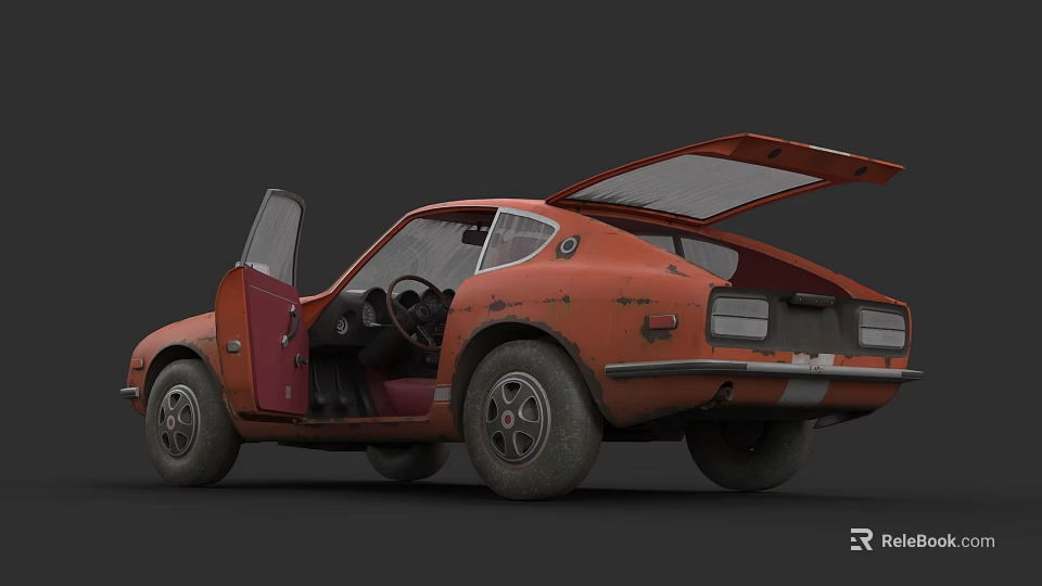 Vintage Orange Sports Car With Open Doors And Trunk In Retro Style 3d model 
