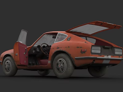 Vintage Orange Sports Car With Open Doors And Trunk In Retro Style 3d model