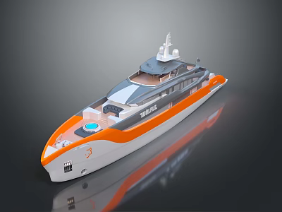 Shell Branded Yacht Featuring Orange And White Exterior Design With Upper Deck 3d model