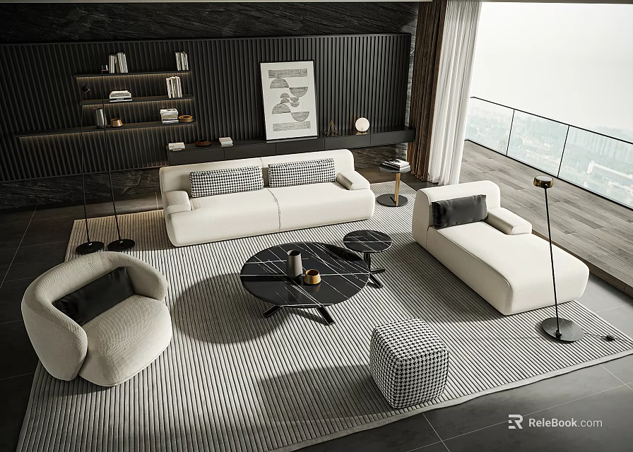 Modern Sofa and Coffee Table Set With White Couch Black Table Accent Chairs and Rug 3d model 