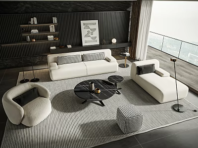 Modern Sofa and Coffee Table Set With White Couch Black Table Accent Chairs and Rug 3d model