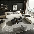 Modern Sofa and Coffee Table Set With White Couch Black Table Accent Chairs and Rug 3d model