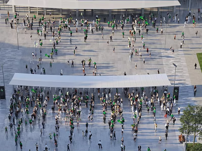 People Waving Green And White Flags At Open Square Gathering With Buildings And Canopies 3d model