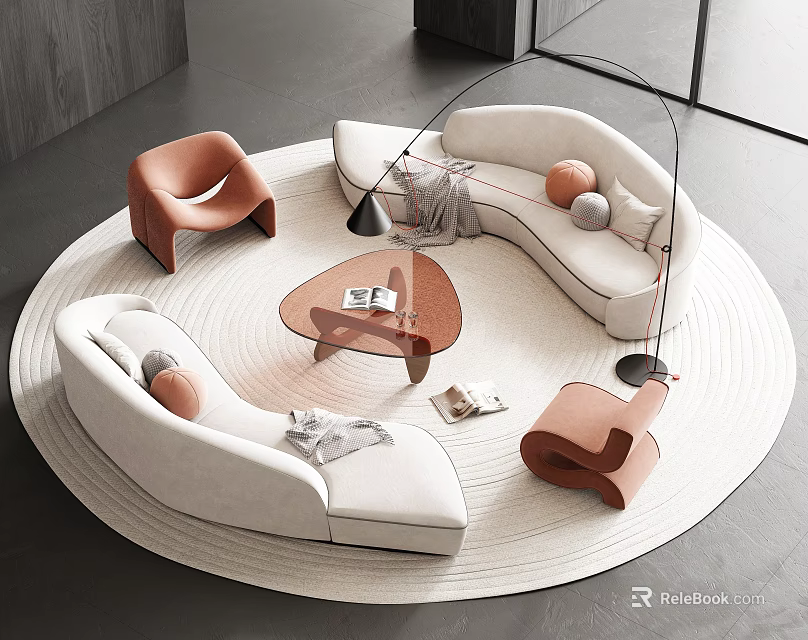 Modern Sofa Coffee Table Set With Round Rug Accent Chairs And Decorative Balls 3d model 
