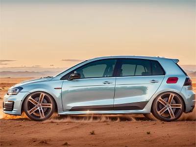 Silver Sporty Hatchback Car Driving Through Desert With Sunset Sky And Dust Trail 3d model
