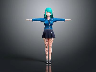 Anime Game Character With Green Hair Elf Ears Blue Jacket Black Pleated Skirt Fishnet Stockings 3d model