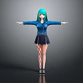 Anime Game Character With Green Hair Elf Ears Blue Jacket Black Pleated Skirt Fishnet Stockings