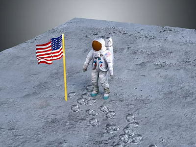 Man Standing on Moon Surface with American Flag and Footprints 3d model