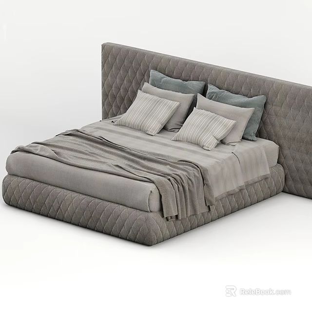 Modern Gray Double Bed With Quilted Headboard Pillows And Blanket 3d model