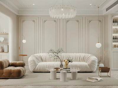 Elegant Modern Living Room With Beige Velvet Sofa White Chandelier Brown Armchair And Paneled Walls 3d model