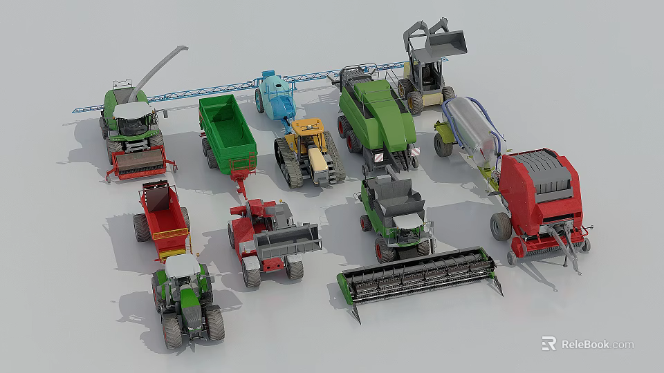 Different Types of Farm Utility Vehicles Including Harvesters Tractors Trailers And Planters 3d model 