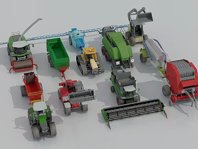Different Types of Farm Utility Vehicles Including Harvesters Tractors Trailers And Planters 3d model