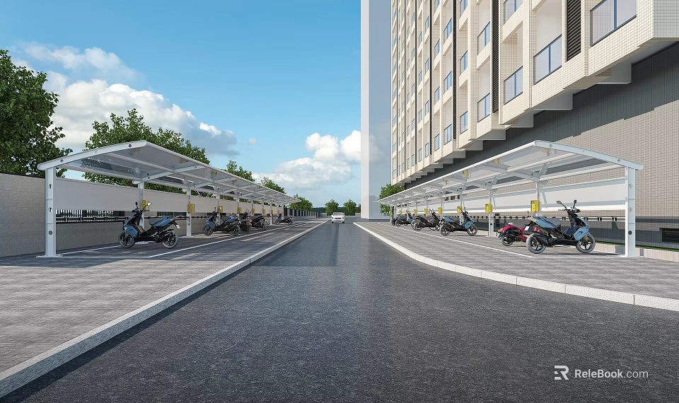 Canopy Covered Parking Area With Parked Motorcycles Next To High Rise Building 3d model 