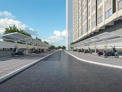 Canopy Covered Parking Area With Parked Motorcycles Next To High Rise Building 3d model