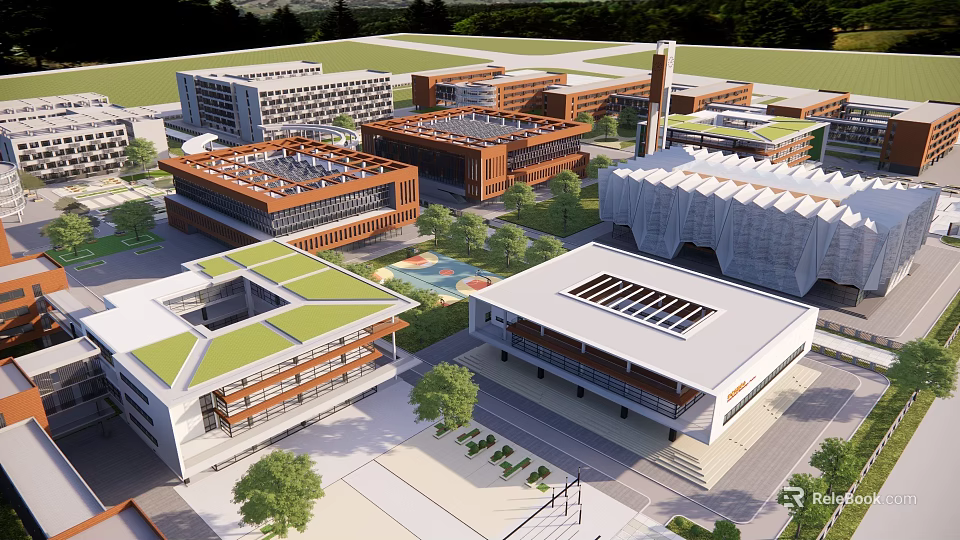 Modern School Buildings With Green Roofs And Varied Architectural Designs In Landscaped Campus 3d model 