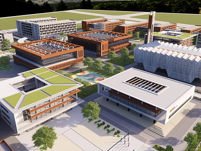 Modern School Buildings With Green Roofs And Varied Architectural Designs In Landscaped Campus 3d model