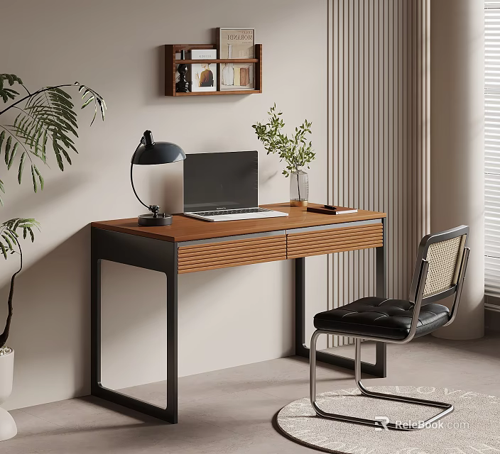 Modern Home Office Desk Setup With Laptop Lamp Green Plant And Chair 3d model 