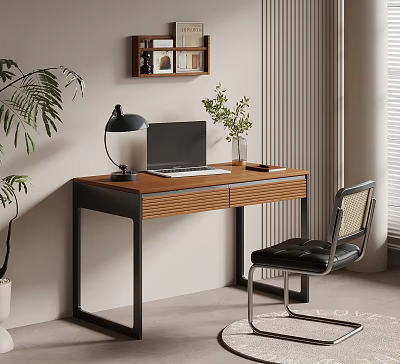 Modern Home Office Desk Setup With Laptop Lamp Green Plant And Chair 3d model