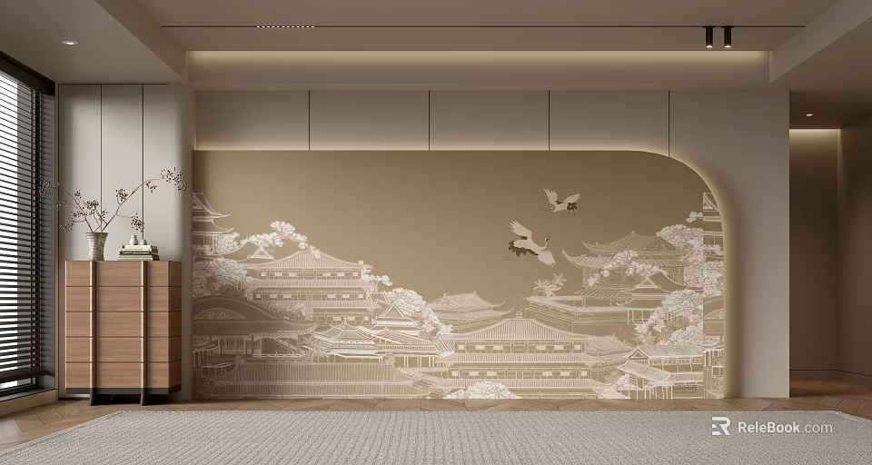 Beige Sofa Backdrop Wall With Chinese Architecture And Flying Birds Design 3d model