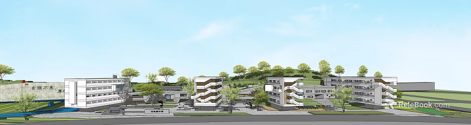 Modern School Building With Multi Storey Structure Surrounded By Trees And Greenery 3d model