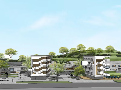 Modern School Building With Multi Storey Structure Surrounded By Trees And Greenery 3d model