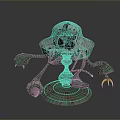 Rusty Vintage Robot Game Character With Green Mechanical Arms Round Head And Metallic Base
