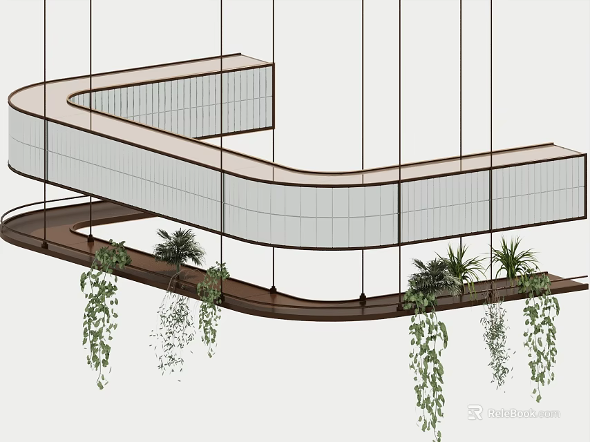 Modern Hanging Curved Shelving Unit With Transparent Panels And Decorative Plants 3d model 