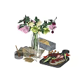 Elegant Decorative Ornament Set With Vase Flowers Cheese Bread Meat Nuts Honey And Tray