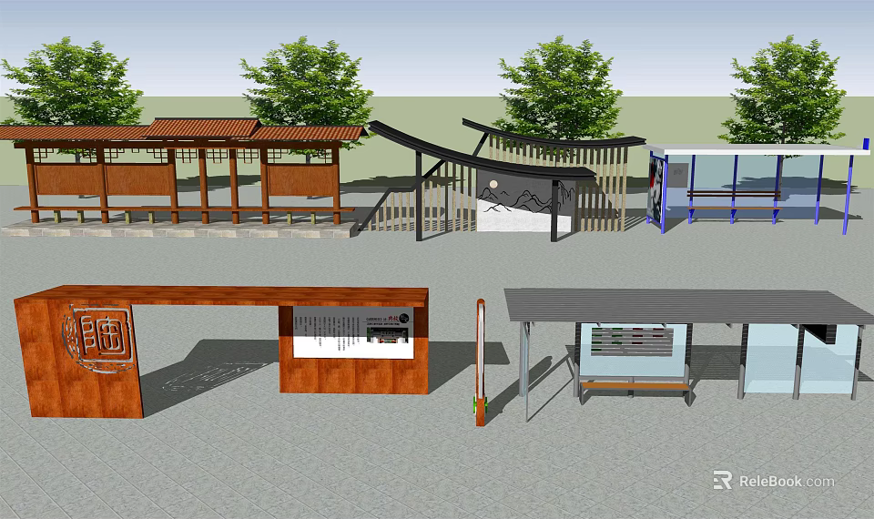 Modern Bus Station Design With Wooden Shelters Seating And Canopy Structures 3d model 