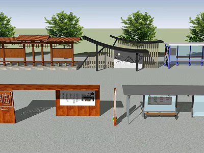 Modern Bus Station Design With Wooden Shelters Seating And Canopy Structures 3d model