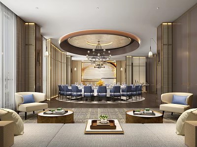 Luxurious Private Dining Room Interior With Round Dining Table Chandelier And Sofas 3d model