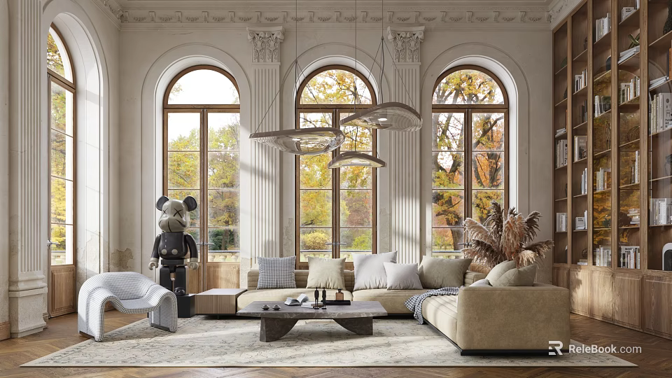 Elegant Living Room Interior With Arched Windows Autumn Views Hanging Lights Sofa And Art Sculpture 3d model 