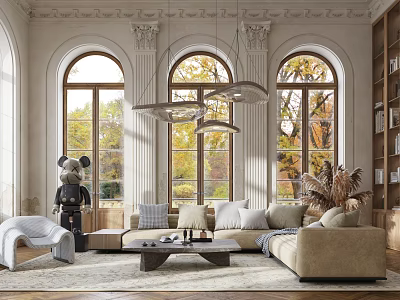 Elegant Living Room Interior With Arched Windows Autumn Views Hanging Lights Sofa And Art Sculpture 3d model
