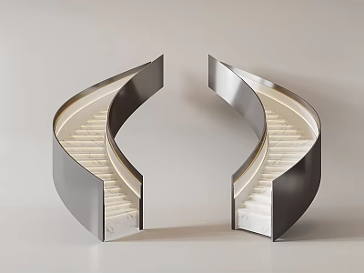 Modern Curved Metallic Staircase Interior With Symmetrical Design And White Steps 3d model