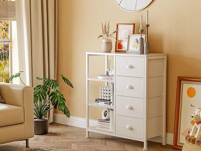 White Storage Shelf with Drawers in Living Room Decorated with Vases Frames and Candles 3d model