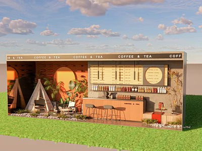Coffee Tea Shop Storefront Outdoor Setting With Menu Board Plants Teepee And Counter Stools 3d model