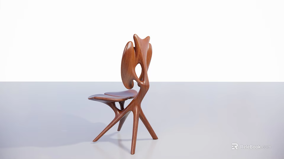 Modern Single Wooden Chair Featuring Unique Curved Back and Crossed Legs Design 3d model 