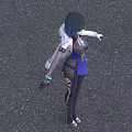 Elegant Game and Movie Character With Black Short Hair Blue Outfit White Shoulder Details Purple Pants