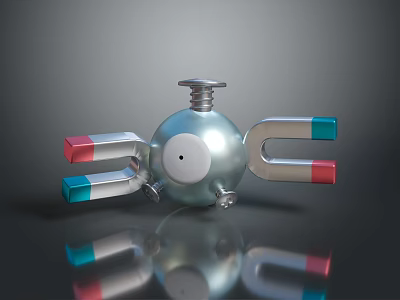Silver Spherical Metal Object With Red Blue Magnets And Reflective Surface 3d model