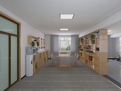 Bright Leisure Area Interior With Wooden Bookshelves Green Plants Tables Chairs And Water Dispenser 3d model