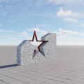 Feature Wall With Stone Brick Structure And Red Star Cutout Against Blue Sky 3d model