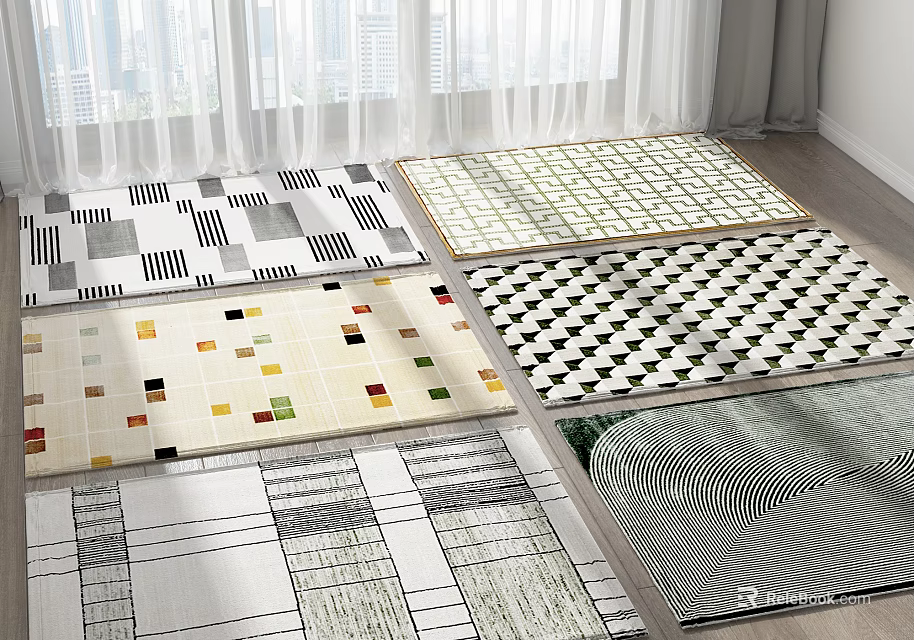 Square Rugs with Various Geometric Patterns Including Colorful Squares and Black White Stripes 3d model 
